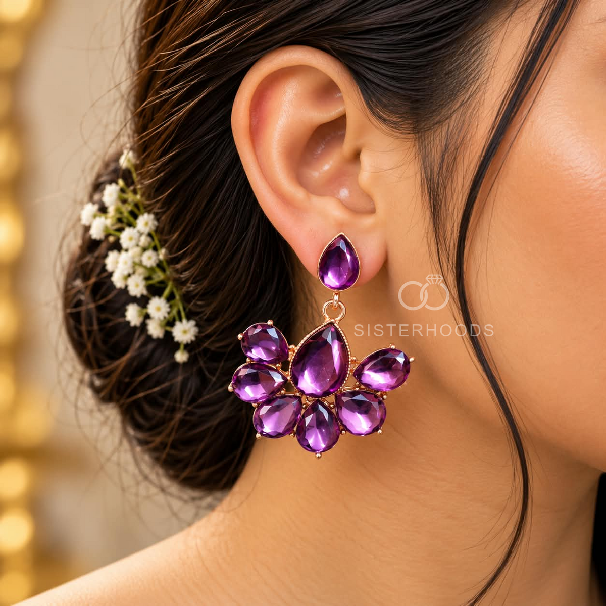 Purple faceted floral dangle earrings with ornate petal detailing | SISTERHOODS-SHA256:02d7d95511af55856e5ff6b76f33773aea67479f9d353f59f61fe92c00b0dcce