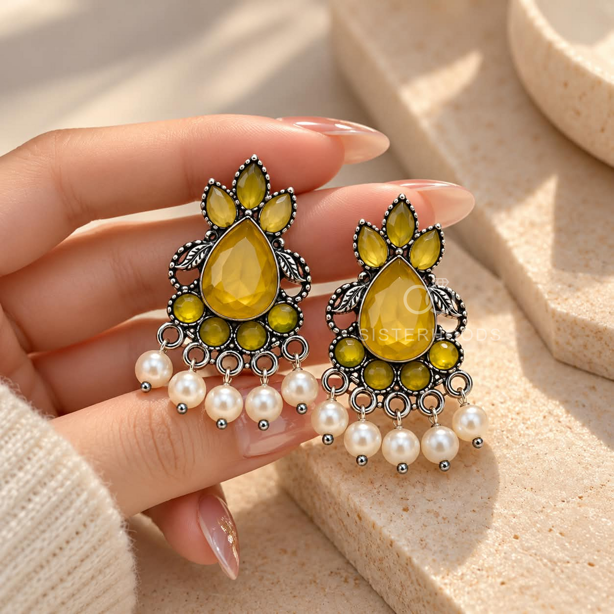 Saffron teardrop oxidized dangle earrings with leafy motifs and pearl fringe | SISTERHOODS-SHA256:acce5c0f8c2fe29faef265b862807c4f21f28318086f0136f0236bbf692ffa5f