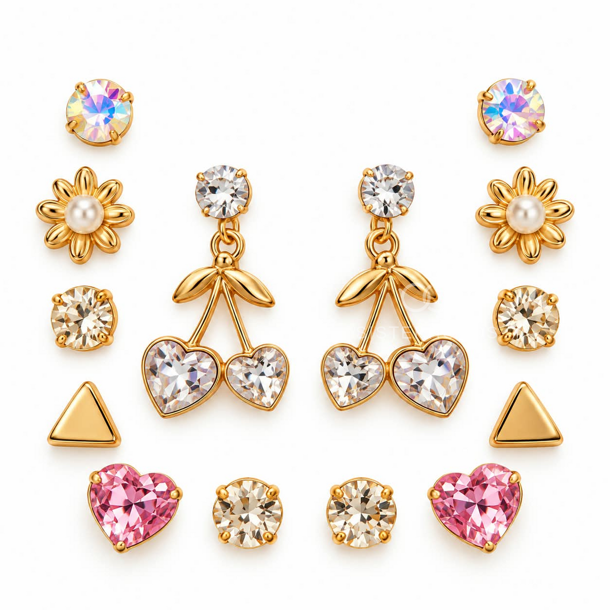 Gold-tone dangle earrings with faceted round accents, leafy details and twin heart charms | SISTERHOODS-SHA256:a29441d688a4cdf8c4d185e1a0cabd131b87ee0876990694775b7d134c73ecf7