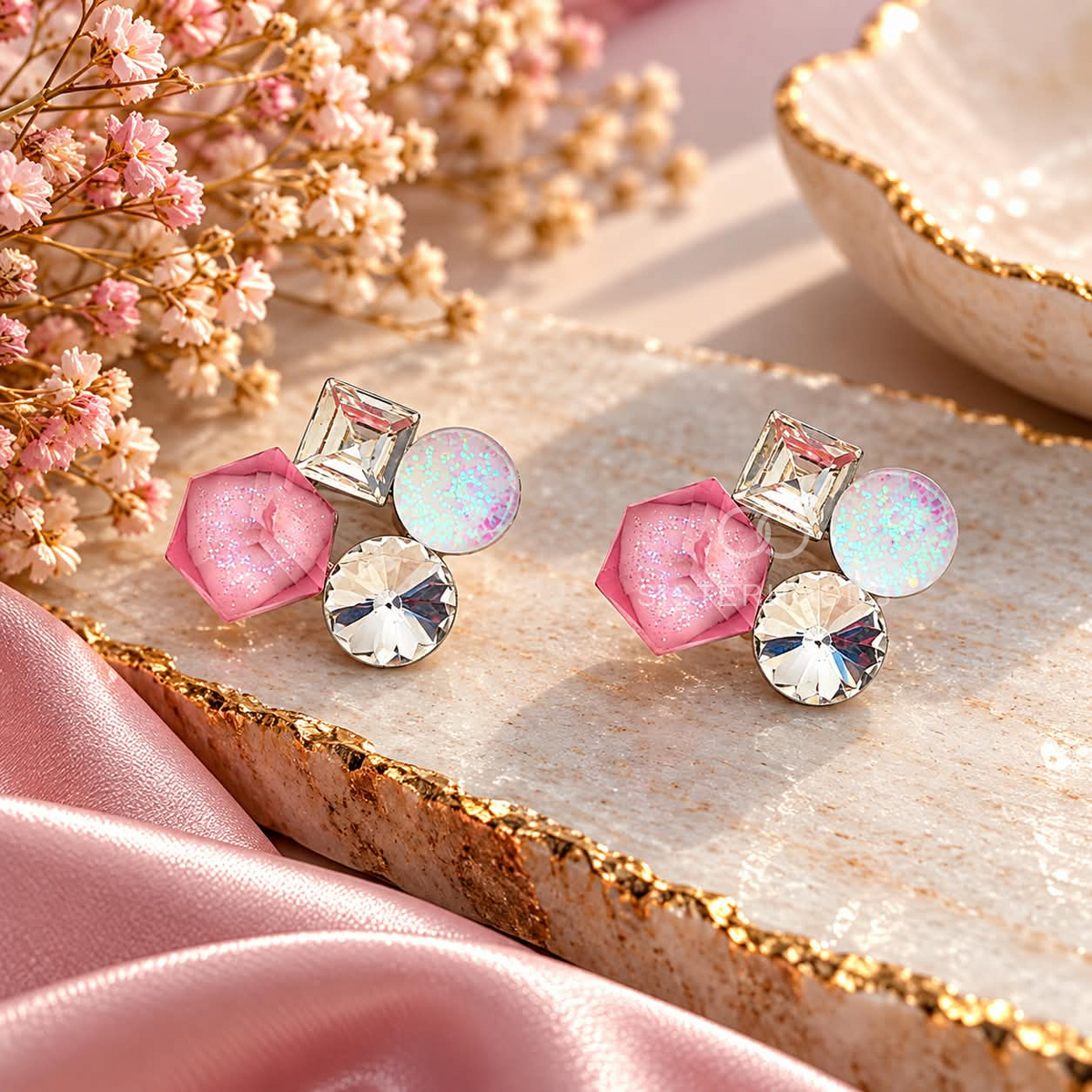 Pink, white and clear faceted cluster stud earrings | SISTERHOODS-SHA256:7e864be225ef84adefbf6240a2dd542b5f7c441f412629552b8ecf074c7eadda