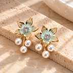Blue floral dangle earrings with sparkling centres and three white pearl drops | SISTERHOODS-SHA256:a557f7f9016cdb79ec6dc4cc5d2cd654914887dbbbb4d3f4594e7c9565163e77