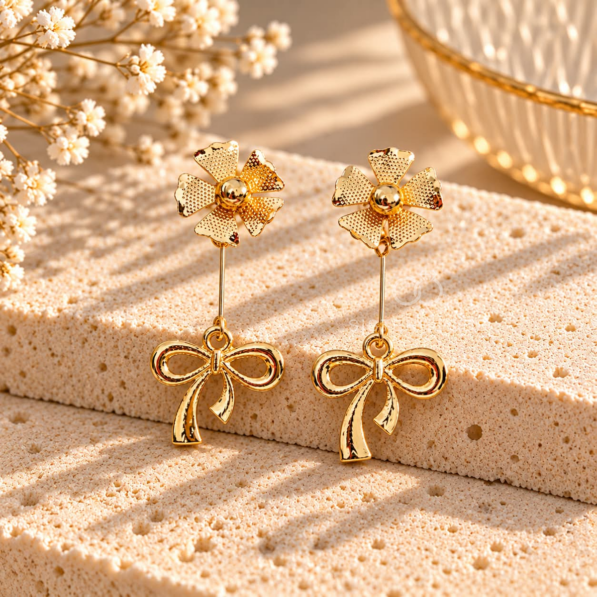 Gold-coloured floral stud earrings with long bow-shaped dangling charms | SISTERHOODS-SHA256:e040d6193e4a70292d47c7a3a7ba0161cf4034bc48451a89a134bcd05b62f25a