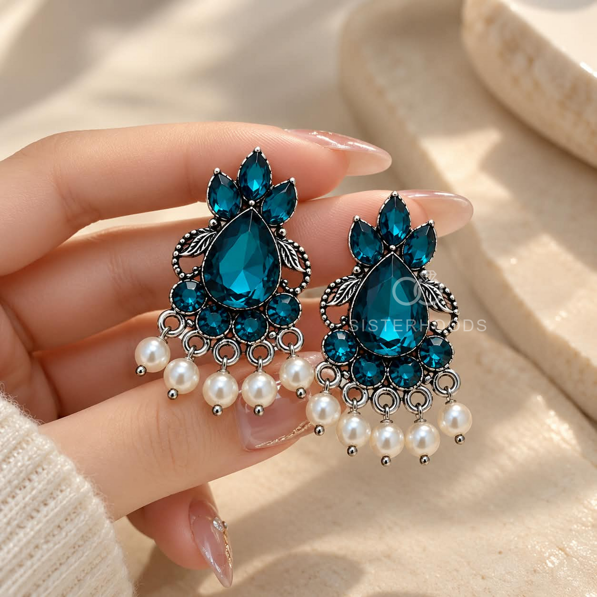 Blue teardrop oxidized dangle earrings with floral detailing and pearl accents | SISTERHOODS-SHA256:2c05004d5ef640effc93d6012583ee9488817f28bd40969afd995ded060bc2bc