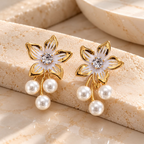 Gold-tone floral dangle earring with white pearl drops and centre accent | SISTERHOODS-SHA256:cb0684df1e0f13ffc81e300470284a0340277349be489d58b5fa7cfe5e90a26b