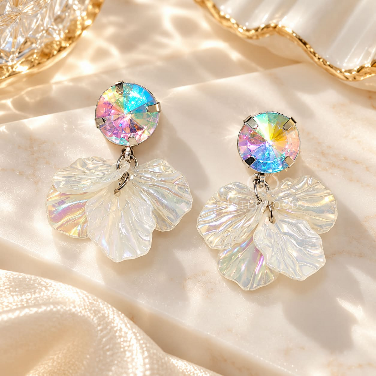 Multicolour Korean dangle earrings with iridescent round studs and translucent floral drops | SISTERHOODS-SHA256:28c1006972ce2697c97e608a76555ec489ffffee4ddb4687856c82ac12edd6f1