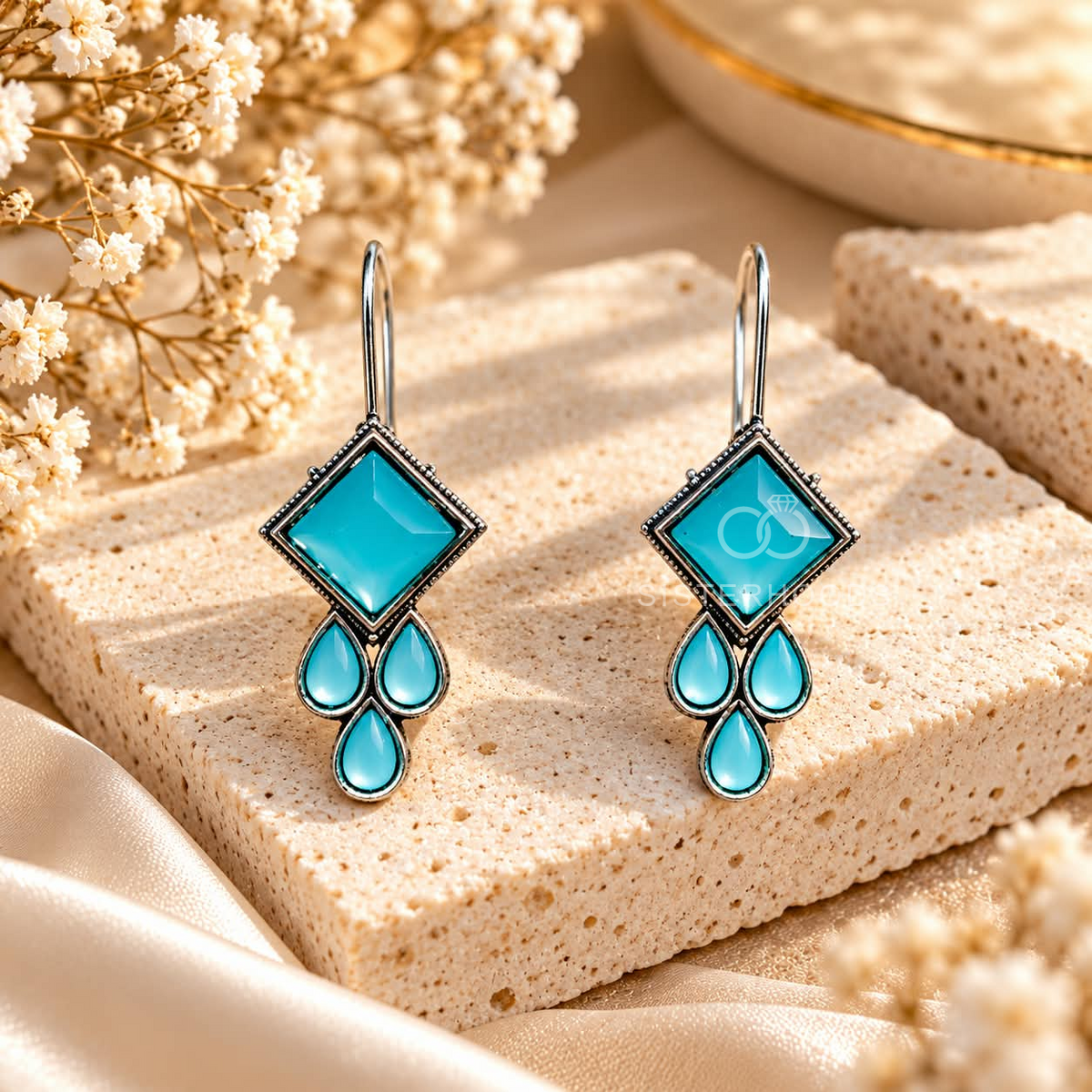 Turquoise geometric dangle earrings with square and teardrop accents | SISTERHOODS-SHA256:da2f86c99be4681927c2e3db731812a098ab5bf2fab8e2292805b4e2311a68d9