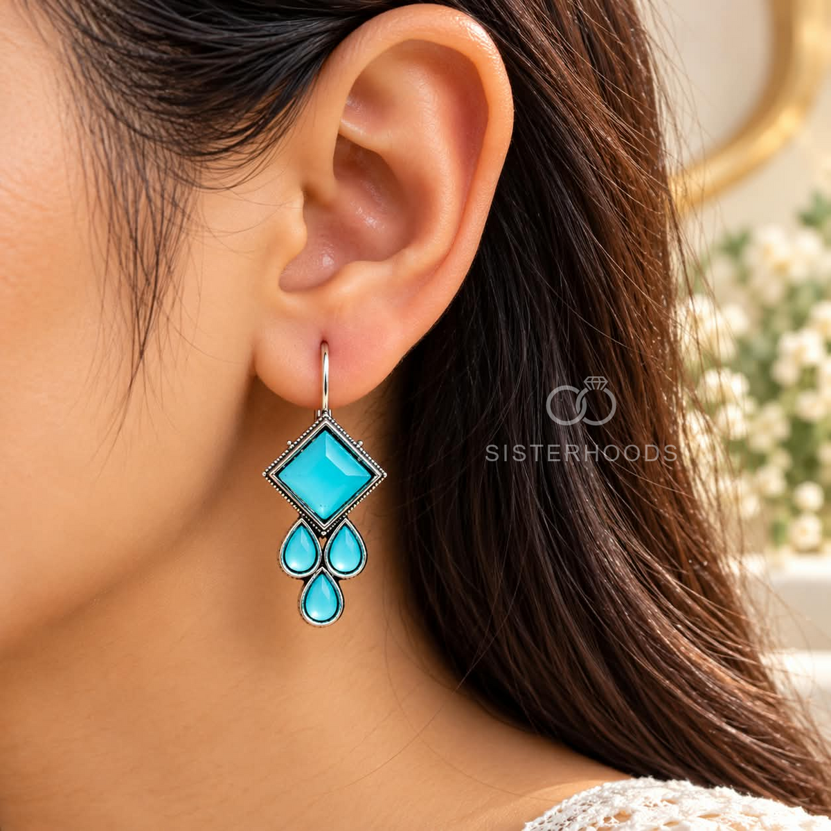 Turquoise geometric dangle earrings with square and teardrop accents | SISTERHOODS-SHA256:01ee4d87d5cf4a619b06168b81efbe8b7547d8772e329f22fc109e14b660a788