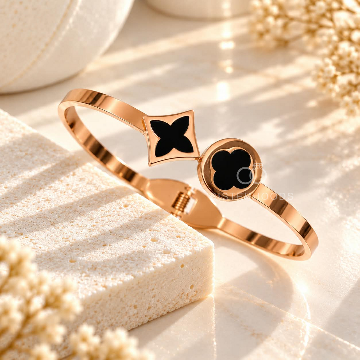 Rose gold-tone cuff bracelet with black geometric motifs | SISTERHOODS-SHA256:37a3f9f96b8da96ce4f792a1c01df6a8db09018a1413421ba0283eee950494fe