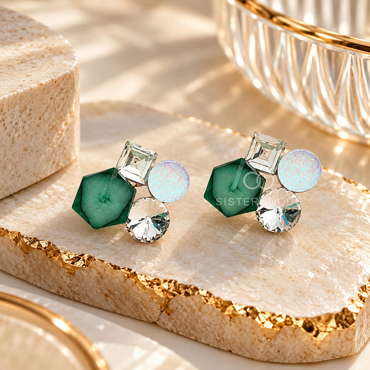 Geometric green, silver, white and pink faceted stud earrings | SISTERHOODS-SHA256:7fbc37a0f2c3dd94698f8d834932e2399c68fd9a7f8366714f2cae4d91871202