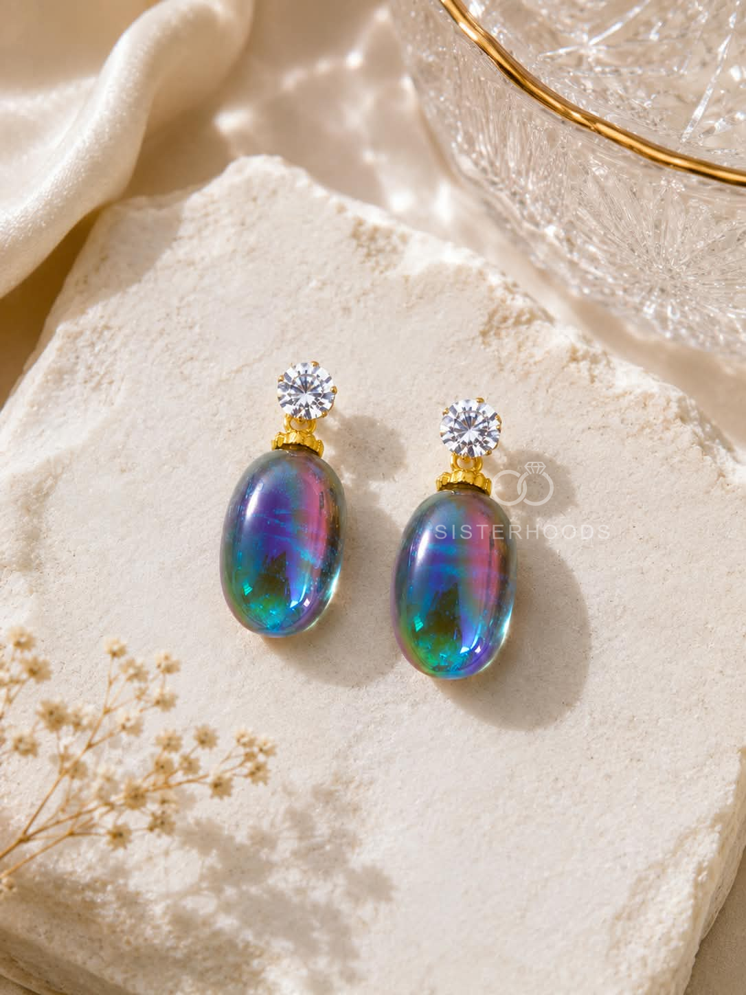 Oval iridescent multicolour drop earrings with sparkling round tops | SISTERHOODS-SHA256:105d085f00c09919fe980b44839523826c766153f1b60f6d5ca82a71811d982c