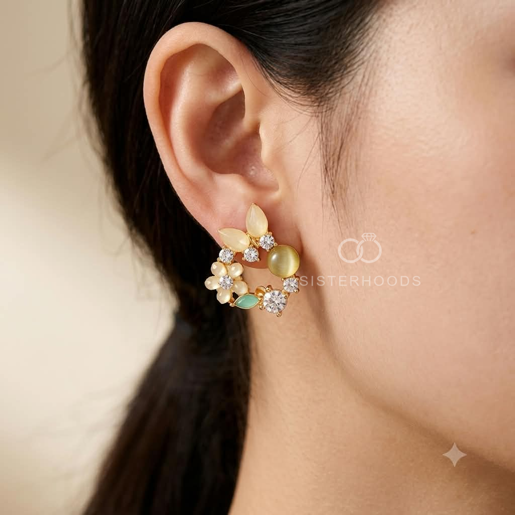 Multicolour floral stud earrings with yellow, green and clear accents | SISTERHOODS-SHA256:cef2c77f24816a47e56fb9dc009ffa27e298e35eb4b7e717979263817c71d41d
