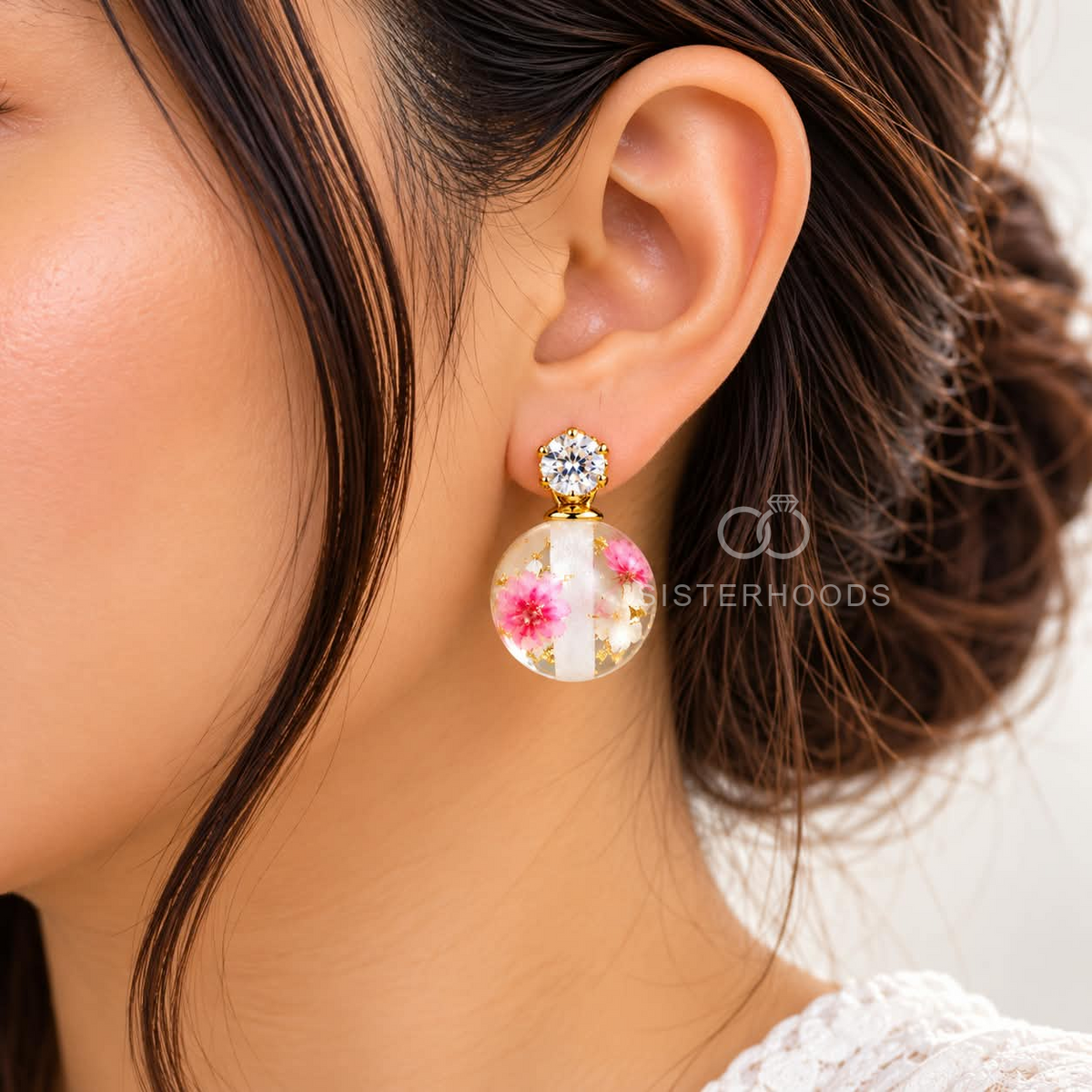 Round pink and white floral drop earring with crystal accent | SISTERHOODS-SHA256:1391bb3a286a4181617590b5ffb92cecf7759381d979a3a2398f660b2f0a3188