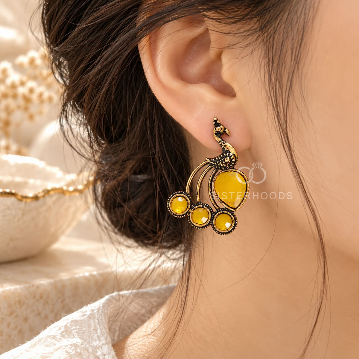 Oxidized peacock-inspired dangle earring with yellow accent stones | SISTERHOODS-SHA256:187bade790066a3b63876e1dcf1fec24a29bb69b5ac3c62407a1d6e5d03b68e1