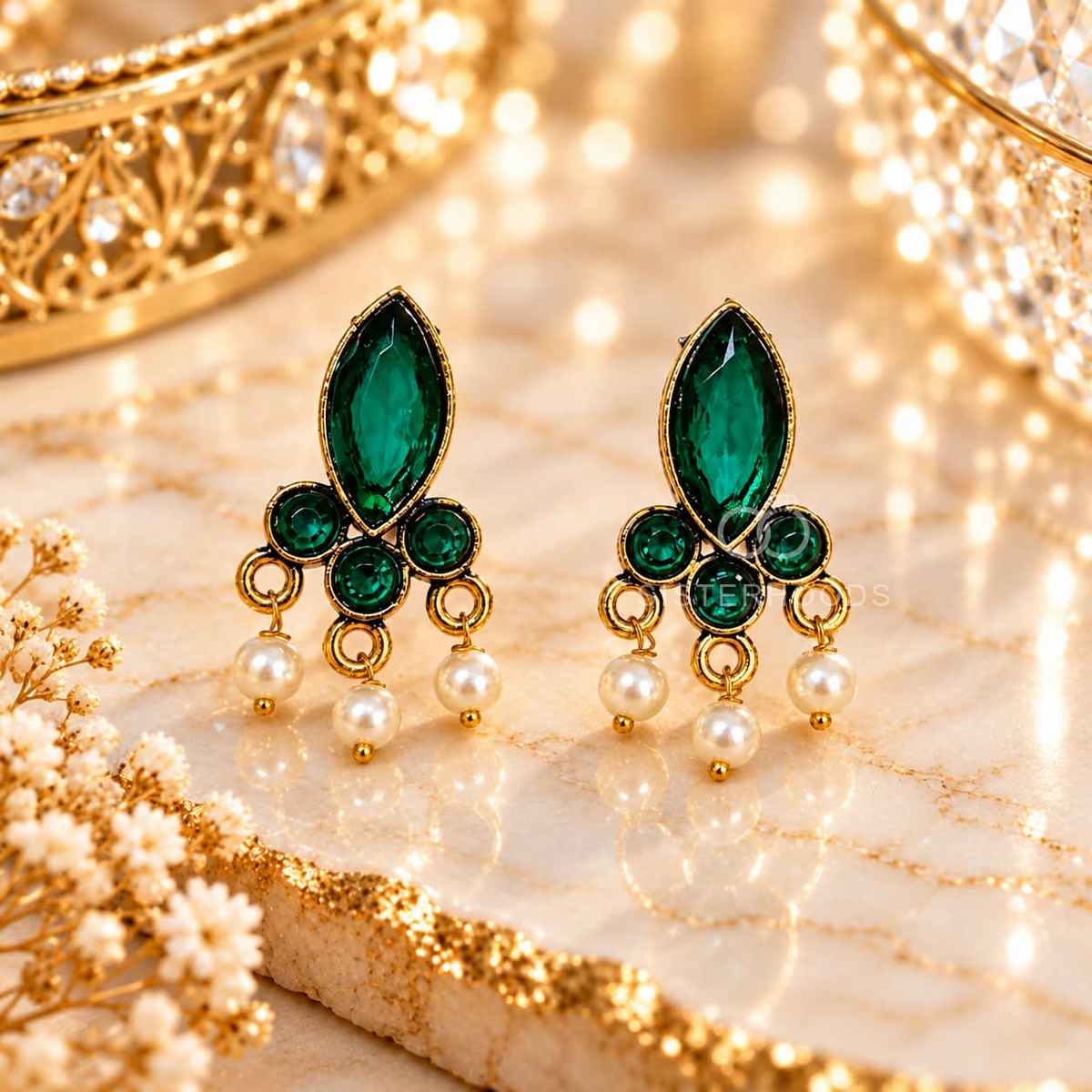 Green accent dangle earring with clustered beads and tiered white drops | SISTERHOODS-SHA256:dd92b38419ab292388ed4799438c48598ea22729a73e0fe2777941800ceb8008