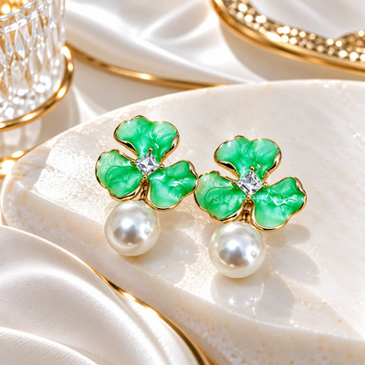 Green Clover Pearl Drop Earrings