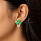 Green floral drop earring with clear centre accent and dangling white pearl | SISTERHOODS-SHA256:4e7ba071ae92f1c947597515e5e86bc9e21f0032f412fc0f1a7251a0b00b4ab9