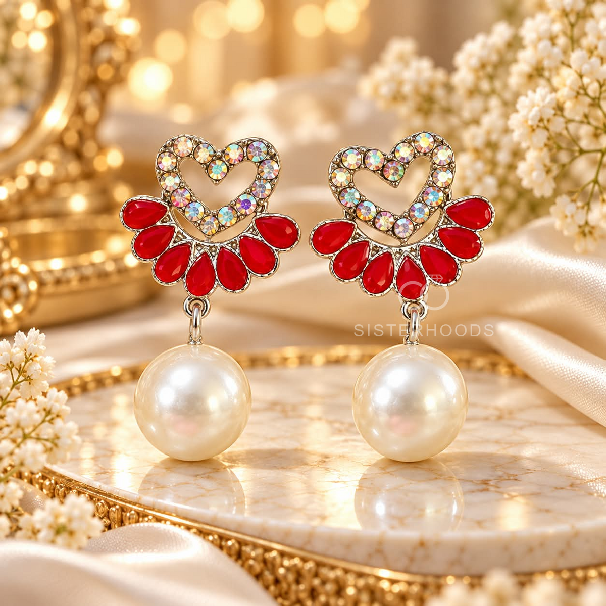 Heart-shaped dangle earring with red petal accents and a white pearl drop | SISTERHOODS-SHA256:923154ad5a78cbb0dc1d090cc07f5880065b36933a2974c03229214526c8cdbb