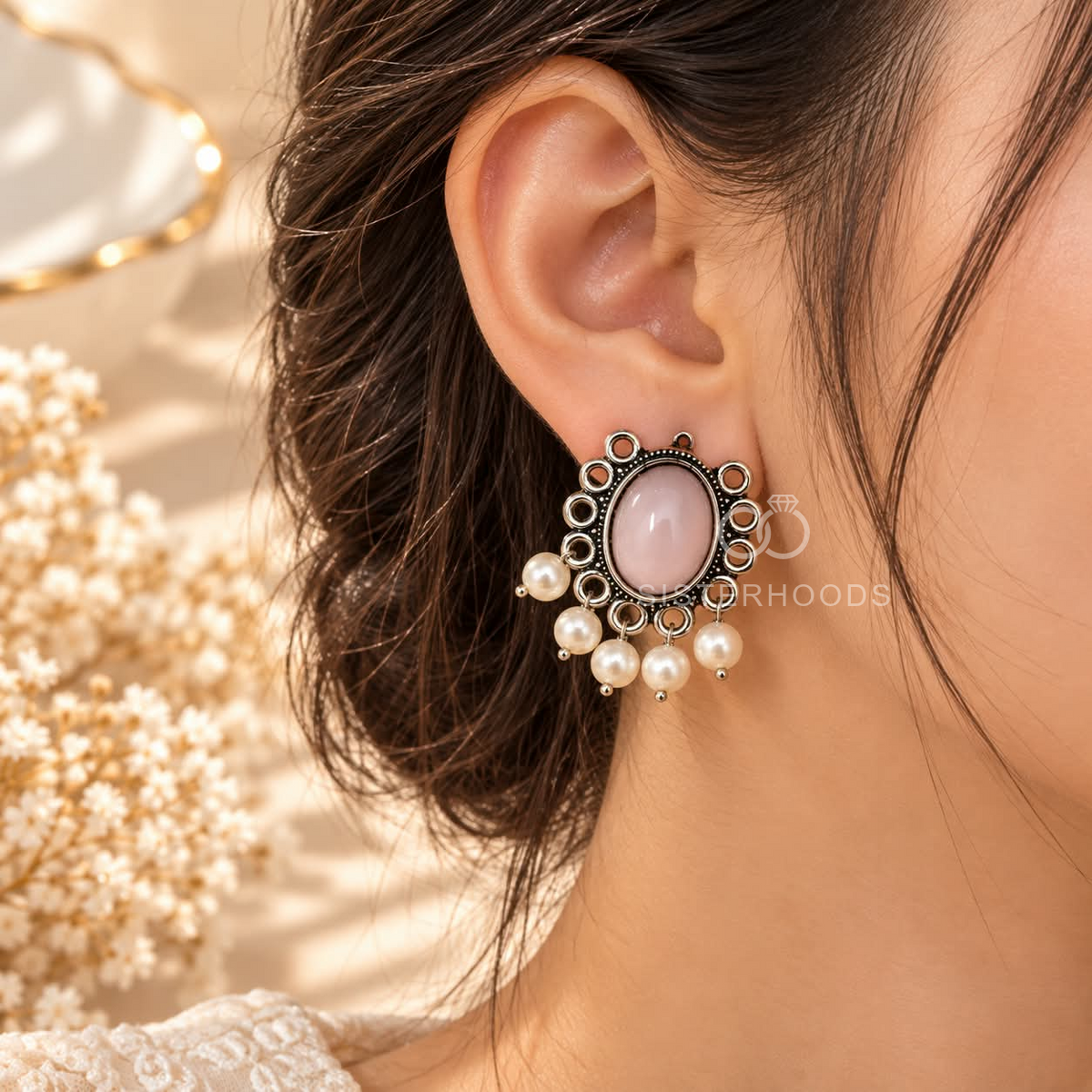 Oxidized silver-tone dangle earring with blush oval centre and pearl-like hanging accents | SISTERHOODS-SHA256:14eecb8d520ee6aa6fcc21b90de88394a288efcc8aefc5d72daa5f8057ee155e