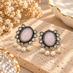 Oxidized silver-tone dangle earring with blush oval centre and pearl-like hanging accents | SISTERHOODS-SHA256:7424b409a1592b34af940a7f8c9c531e4ceca55db49551232afcb6ab65e221a7