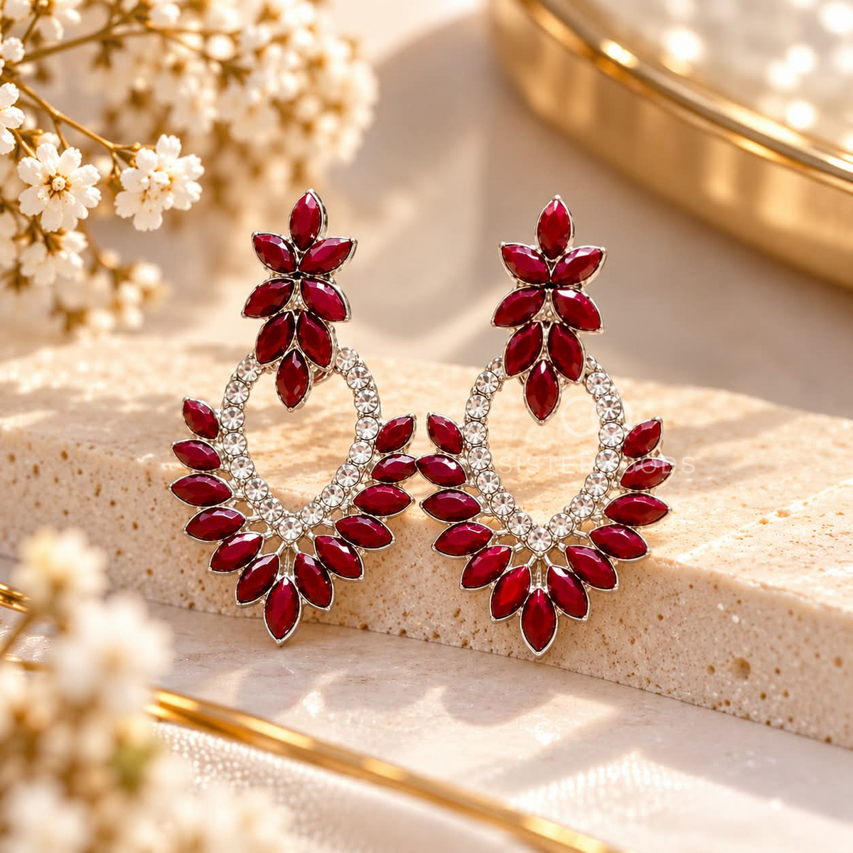 Red floral crystal oval dangle earring with clear stone detailing | SISTERHOODS-SHA256:611f62e4ae71436cdf94fa6b61dd32b4e3738c96763912b32506f8a7adf55c41