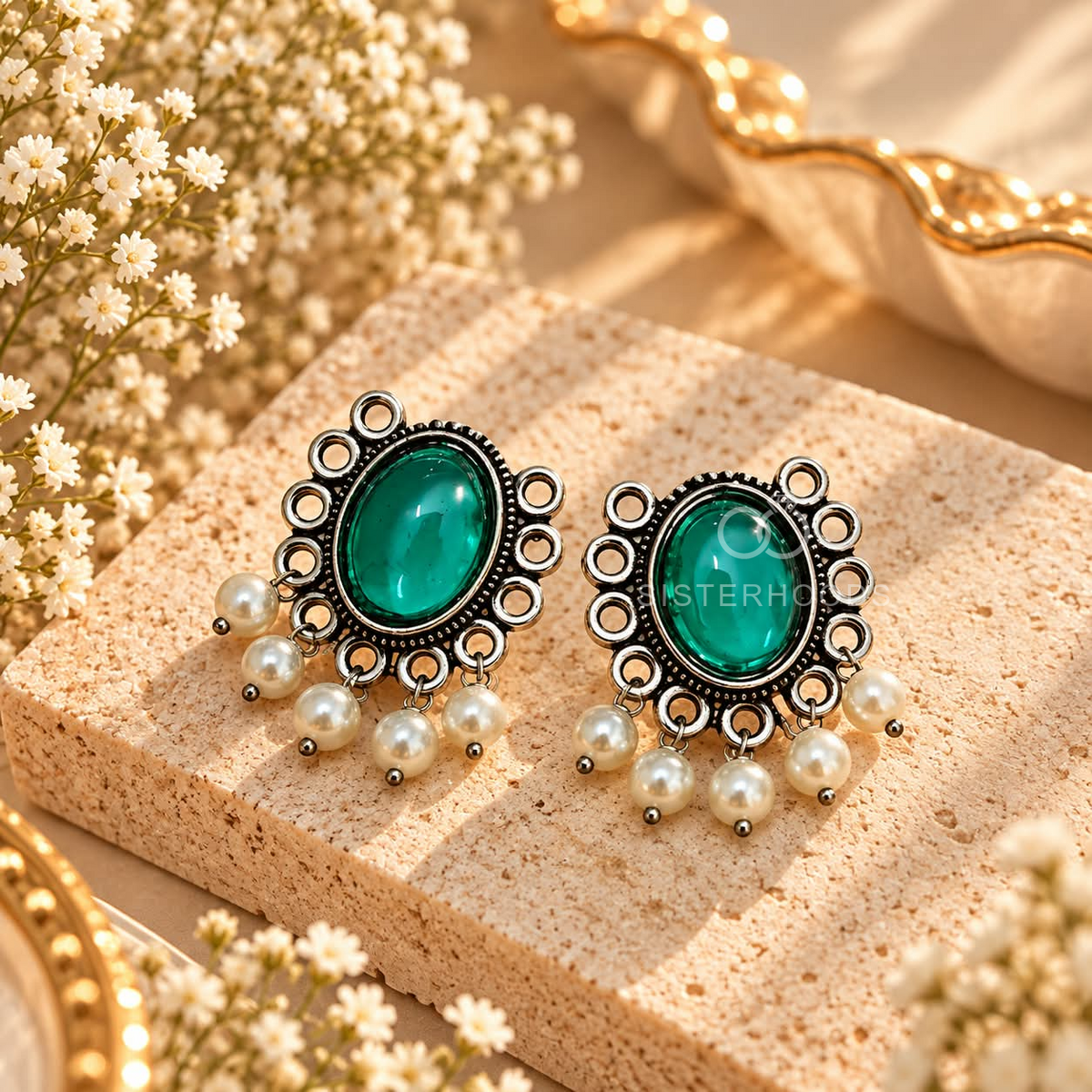 Oxidized dangle earrings with green oval centres and white bead drops | SISTERHOODS-SHA256:0877eee3ec29189d4012e5265ede47531e6096bc3bb0107c8594fd1081865d8b
