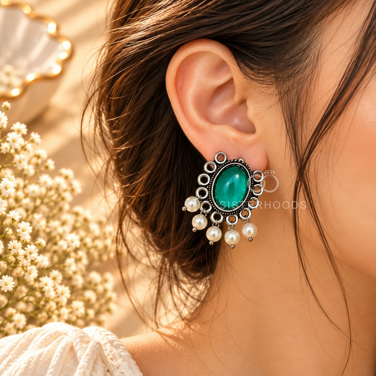 Oxidized dangle earrings with green oval centres and white bead drops | SISTERHOODS-SHA256:067f931b4f0c2c34d92d2f123fc362d5e6488cd187a35eeb80ff74feff5b2c4c