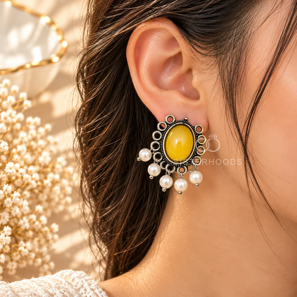Mustard oval oxidized dangle earrings with ornate detailing and ivory bead drops | SISTERHOODS-SHA256:55981eb42e12cbe065a04bd4948a011a877fe3c92ee92c7fffb9bbb64dde3ece