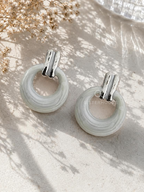 Ivory circular hoop earrings with silver-tone rectangular tops | SISTERHOODS-SHA256:3a1884561ec12cf0aef1d10586d1fbb2ce9ff0565d8248353518d72856a14039