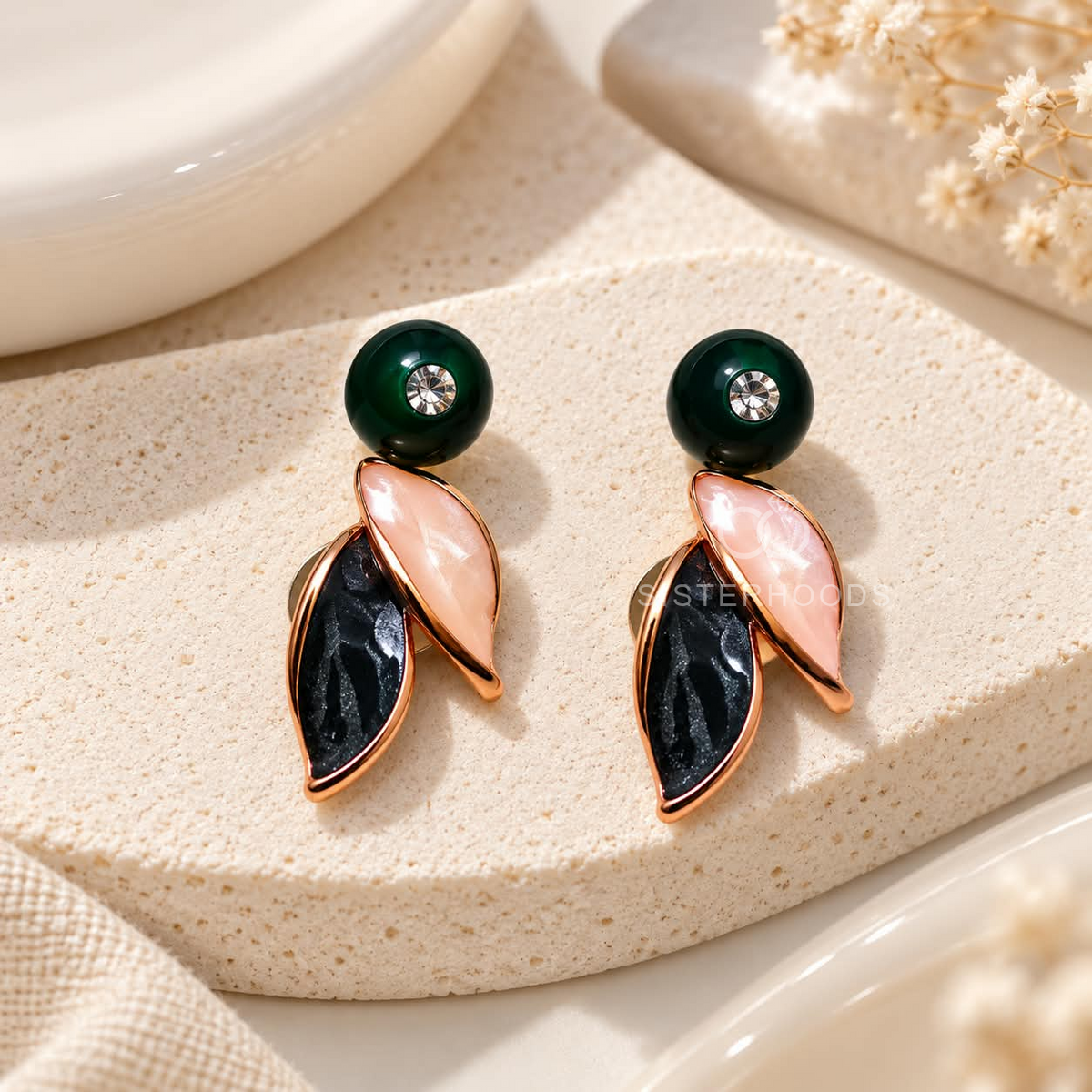 Green, pink and black leaf drop earrings with round green studs | SISTERHOODS-SHA256:9399b1b55aeeecd6158d819e9d4450637f155dda2b06b8d68e4973bf409f6fd9