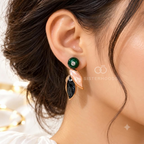 Green, pink and black leaf drop earrings with round green studs | SISTERHOODS-SHA256:72e5421de5cac8d04f58648ed034b0638aac371612f61fa3d7c5242071c133f1