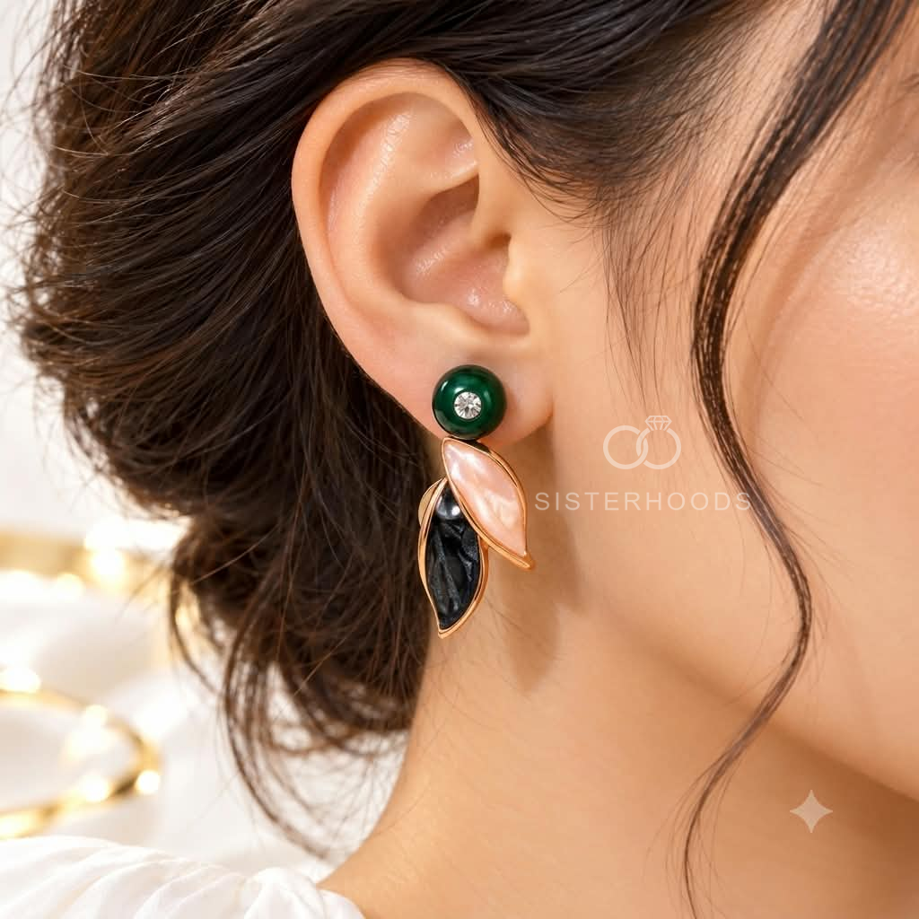 Green, pink and black leaf drop earrings with round green studs | SISTERHOODS-SHA256:72e5421de5cac8d04f58648ed034b0638aac371612f61fa3d7c5242071c133f1
