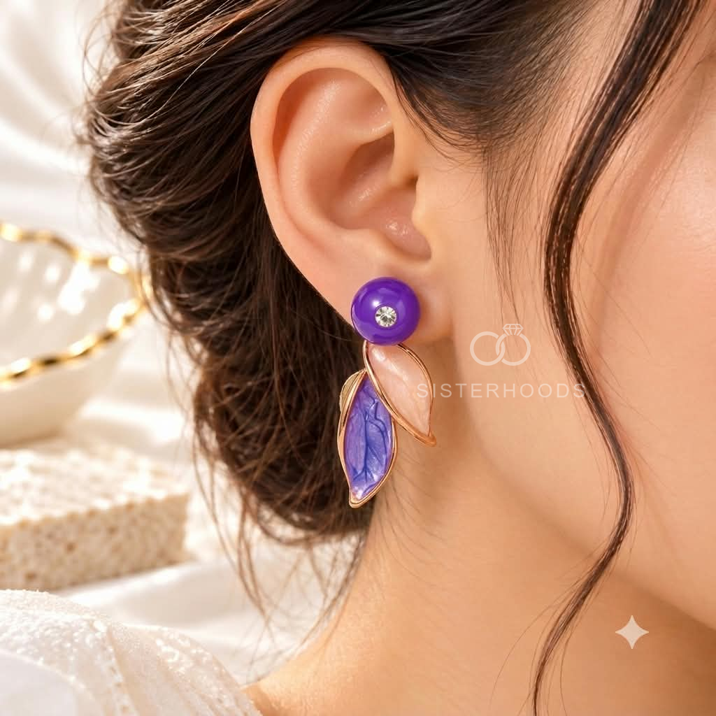 Purple and pink layered leaf dangle earrings with clear centre accents | SISTERHOODS-SHA256:307299b04ff454c641b3680e0c7723ffdb629b10ba575402628281b04c9e3073