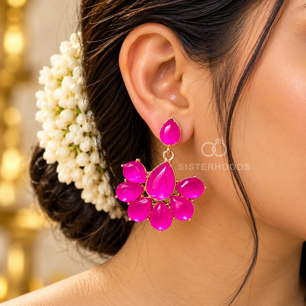 Pink faceted floral dangle earring with a teardrop centre and petal design | SISTERHOODS-SHA256:474af9a4433a940f8e78ed64cccd86d7315945f7c338af47d9e745ac6c37ecc4