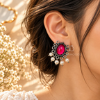 Silver-tone oxidized dangle earring with magenta oval centre and white bead drops | SISTERHOODS-SHA256:846a50d12f71a1ac44671b5298ddd30c3c1d8e092d41e0c988eee49d24ddd997