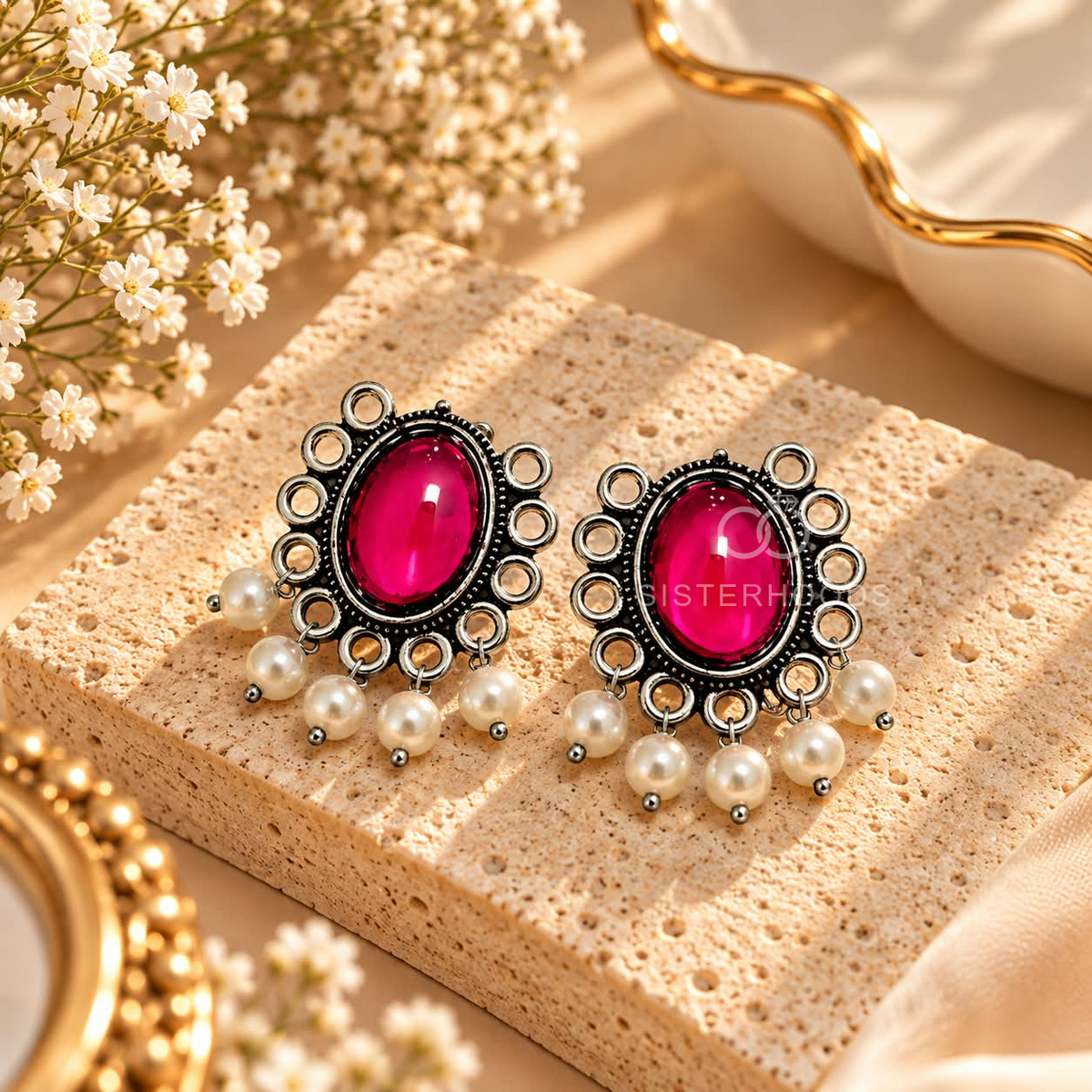 Silver-tone oxidized dangle earring with magenta oval centre and white bead drops | SISTERHOODS-SHA256:498f4ebb18533ca21562c5d01f7817a8b5fe609390d0d536bb54d44c87612cb2
