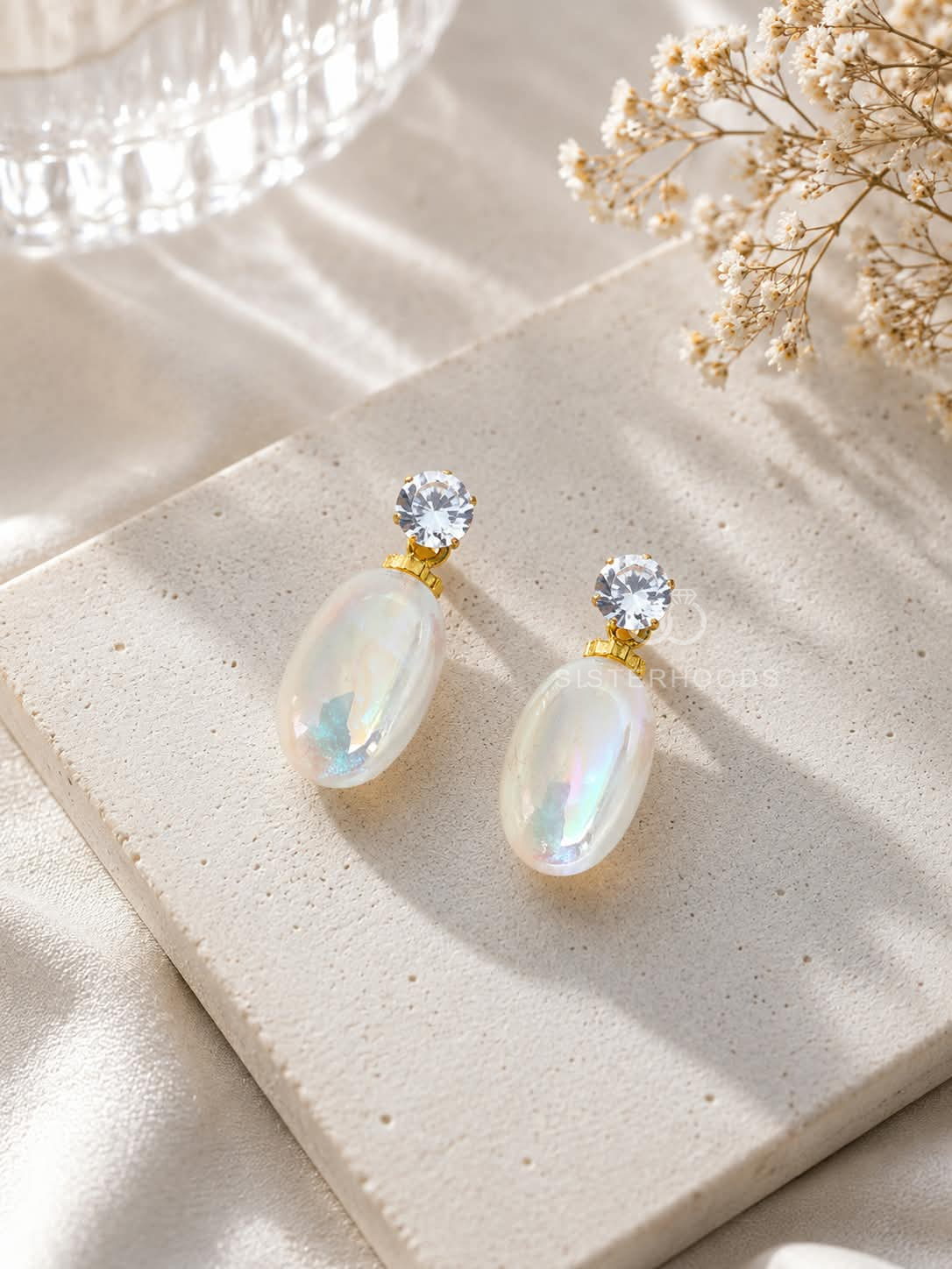 Gold-tone earrings with iridescent oval drops and round faceted accents | SISTERHOODS-SHA256:b12107f76ab7e2dc1da893fa08c7dc1bb44bfb0714e461d551877f66503f66cc