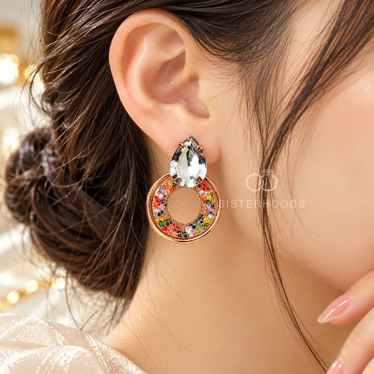 Multicolour stud earrings with clear faceted tops and vibrant circular detailing | SISTERHOODS-SHA256:5681cec47ae716f4c50306538b0dcd4b6f5a3088bdbf578c11fe103173e42f5a