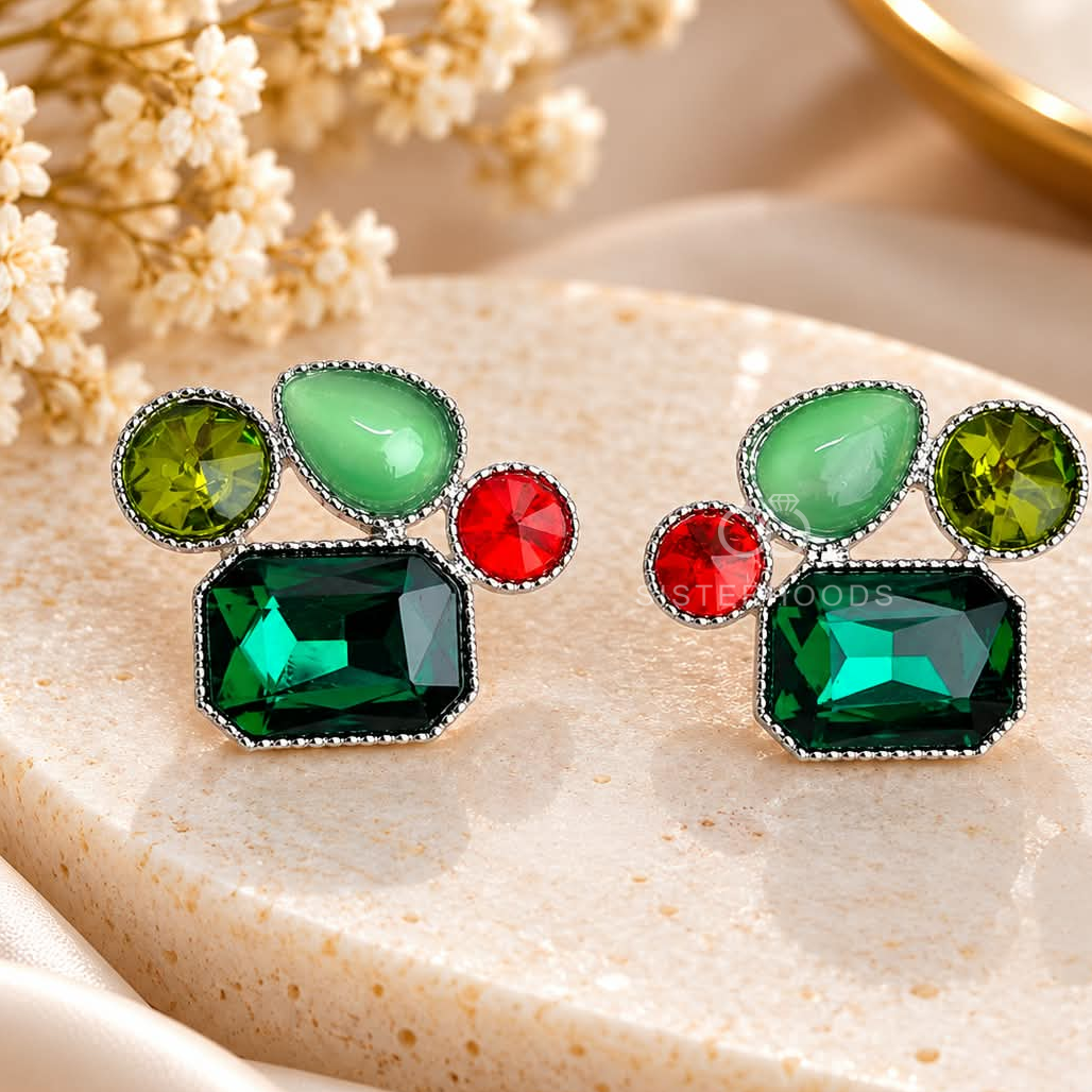 Multicolour geometric stud earrings with green, red and deep green faceted accents | SISTERHOODS-SHA256:ce82daf3eb7f444c27dd40534274a8117d41812b4986b63a9f49c483f44a56e7