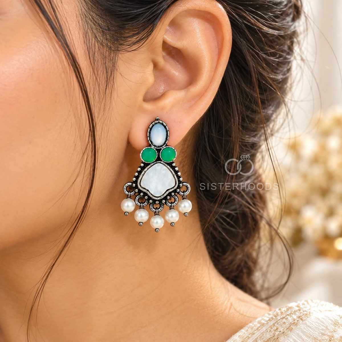 Oxidized silver-tone dangle earrings with green and white accents and pearl drops | SISTERHOODS-SHA256:b8dbd06695970149522e960d5634be376a56a361c22ac515834fee8e0ebd5211