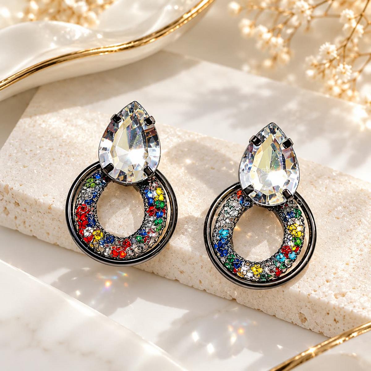 Multicolour circular dangle earring with a clear teardrop accent | SISTERHOODS-SHA256:2c75c532025da66287f9afad1d3d82404e946dc8701b637c9d3b660b5f70c1c1