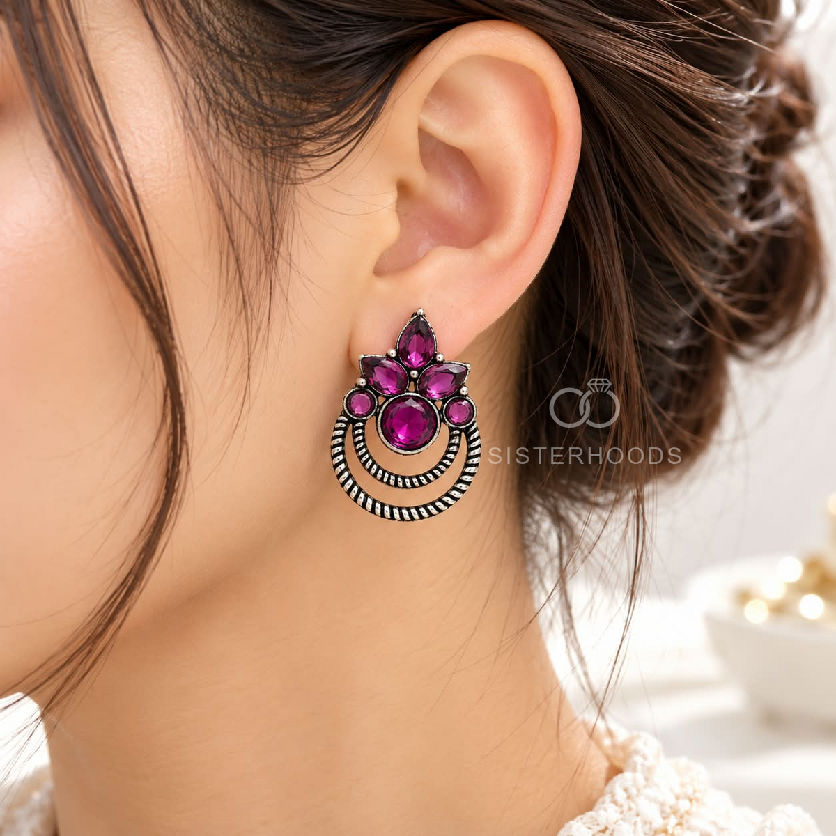 Purple floral oxidized dangle earring with double circular detailing | SISTERHOODS-SHA256:eb4d029a9a879fb56b9ff4968f4141dfcb0d63bce47c1452fbde3202556e75e5