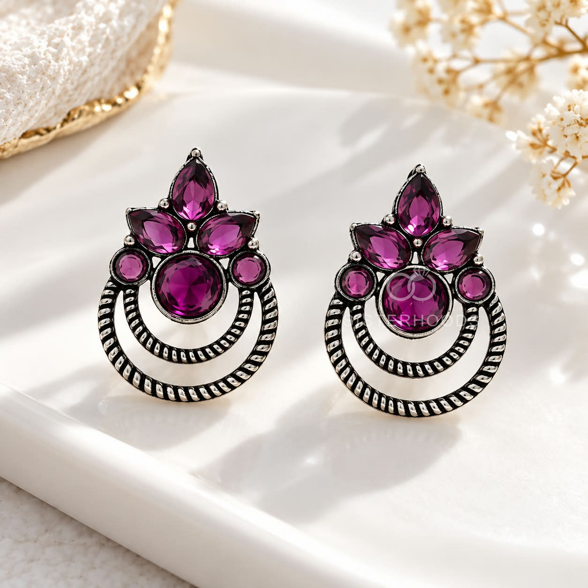 Purple floral oxidized dangle earring with double circular detailing | SISTERHOODS-SHA256:c7446a057b3eef4b3f700d4f757cb378a084eb21be8672030b7bd5489f3b97d0