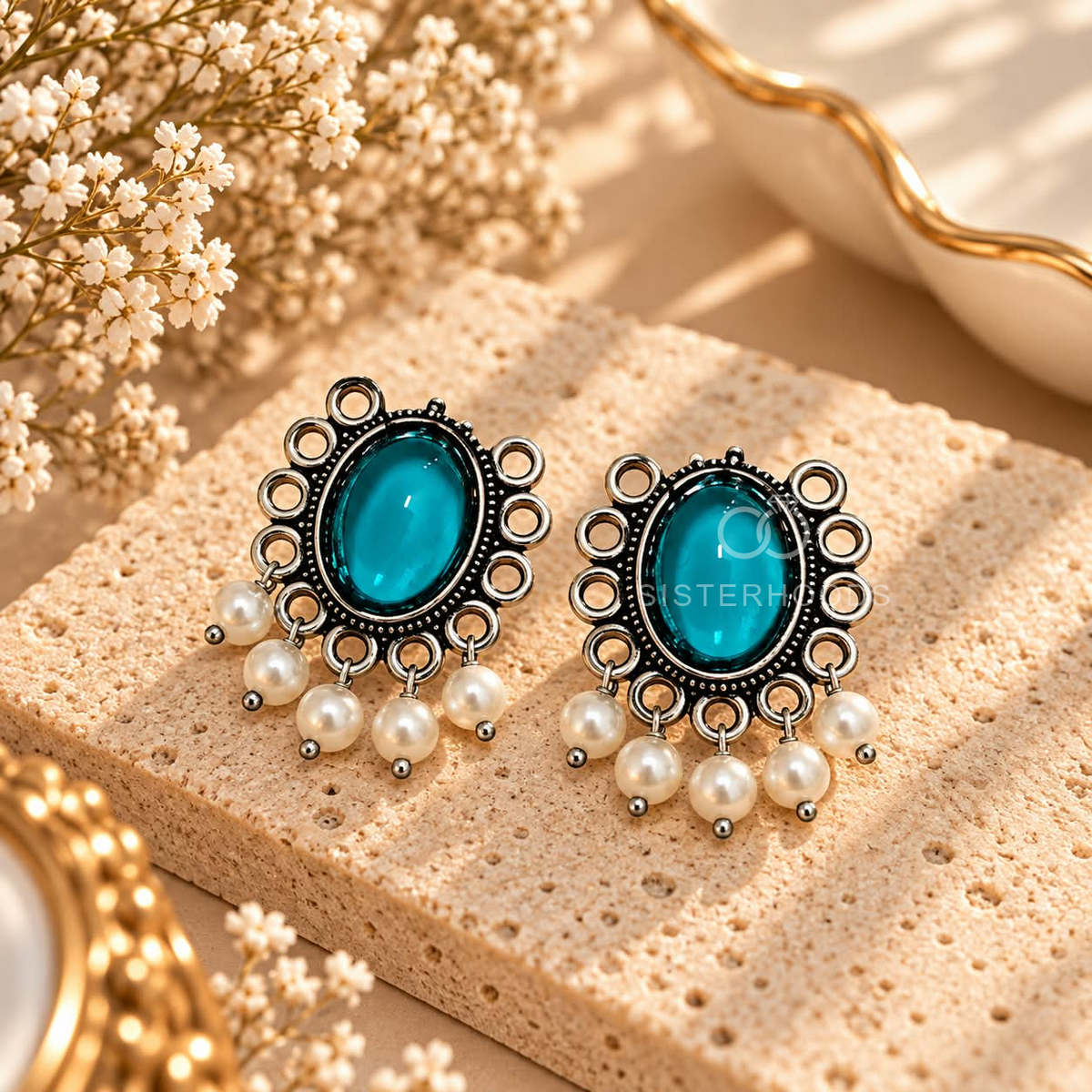 Teal oval oxidized dangle earrings with ornate detailing and white pearl fringe accents | SISTERHOODS-SHA256:d47a20d08f10812d17275b2ea27c8bbd3a5ef24255c89ac69f5d55155249007a