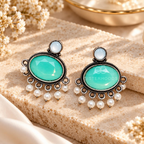 Turquoise oval dangle earrings with white bead fringe and dark oxidized-style detailing | SISTERHOODS-SHA256:0b4a3263aa798433d5e74efa0d14775ef18382b1c364e8d02336209d4b967199
