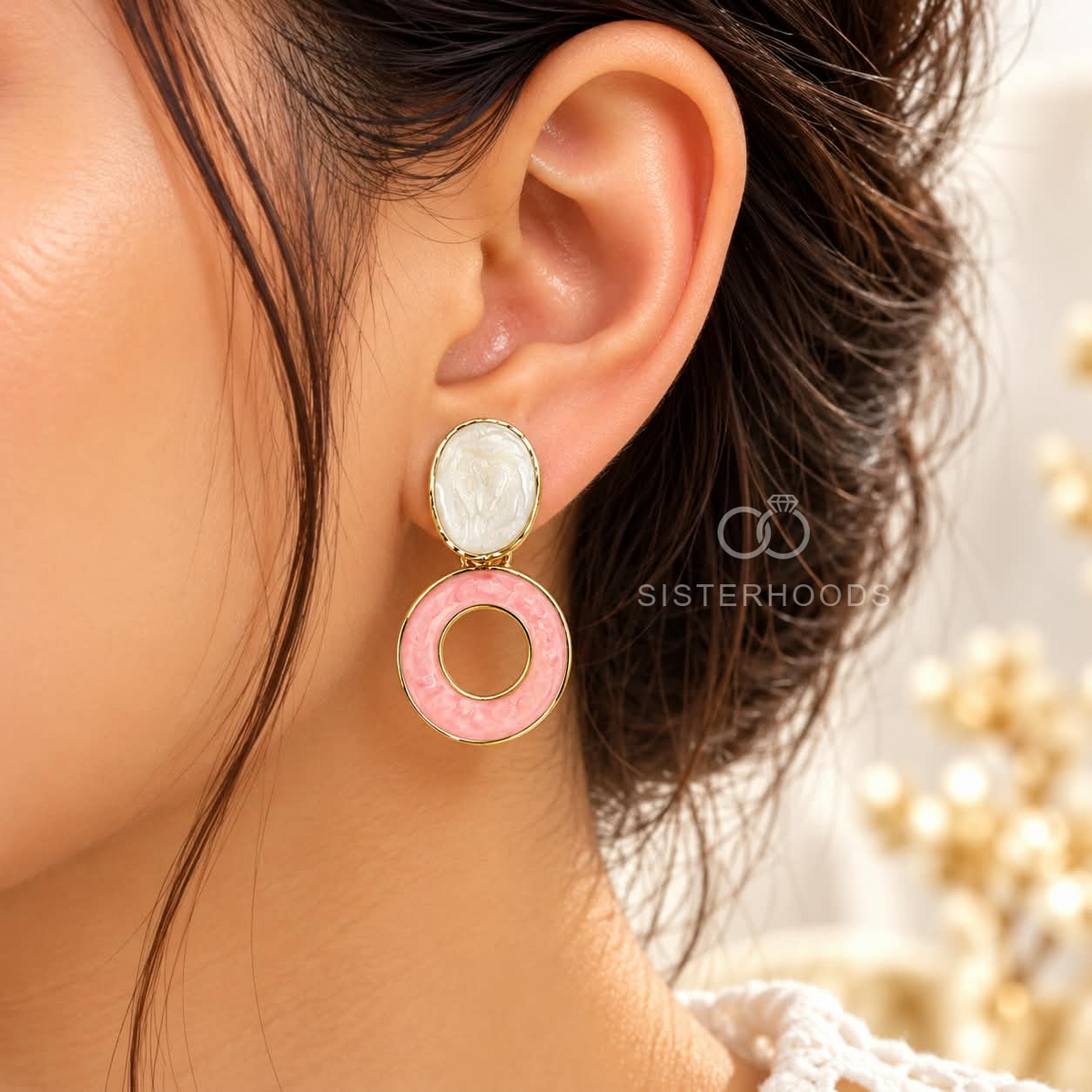 Pink and white oval drop earrings with open ring detailing | SISTERHOODS-SHA256:057d12f3758976abd0614603fb62b2d33b642d9eea7899e222d3aee6b2bf5b04