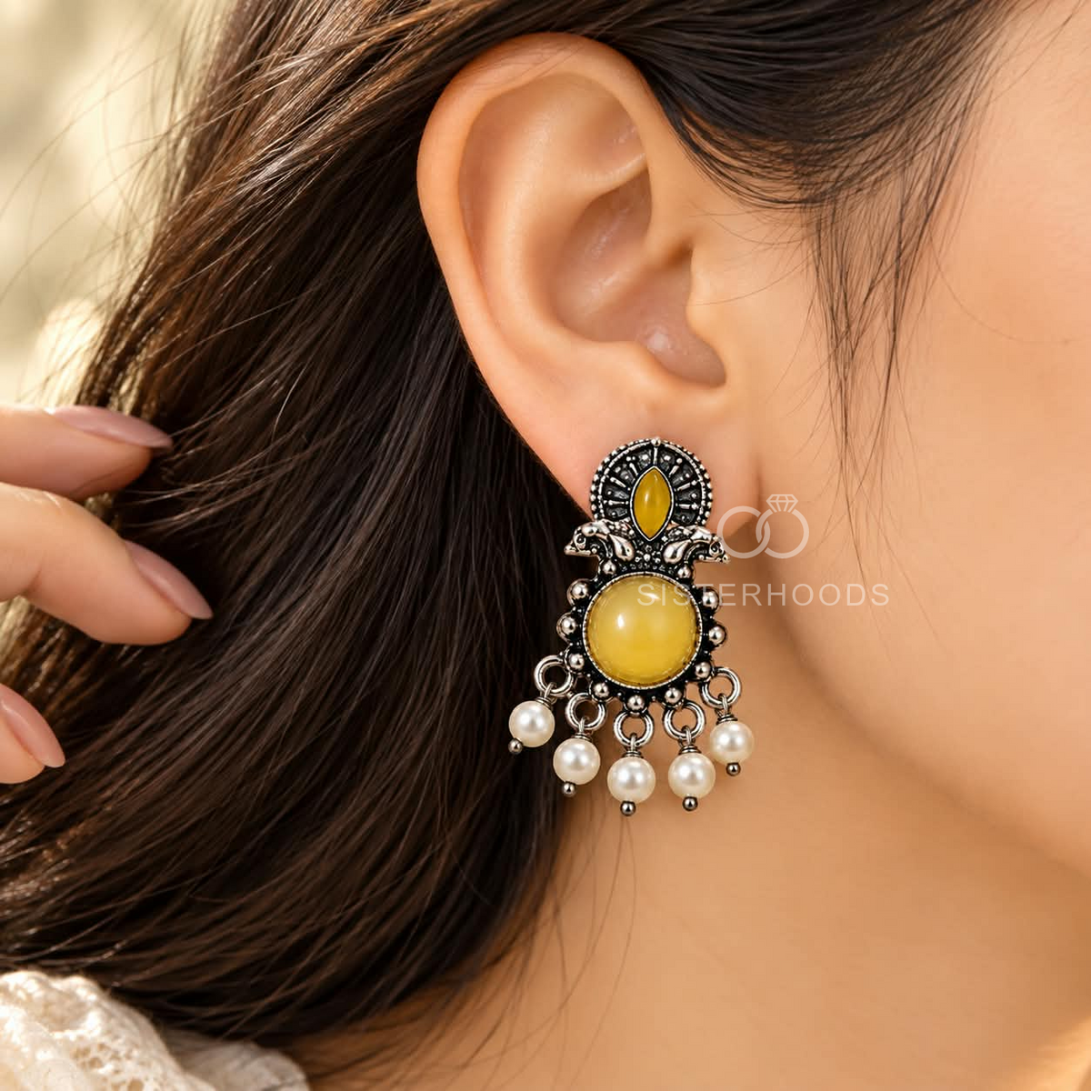 Oxidized-style dangle earrings with yellow centre accents and white-bead fringe | SISTERHOODS-SHA256:0ce03a535f6ec9ce4419178c4f96e08a009ba64c08efc9bb6c63db8bc5f811de