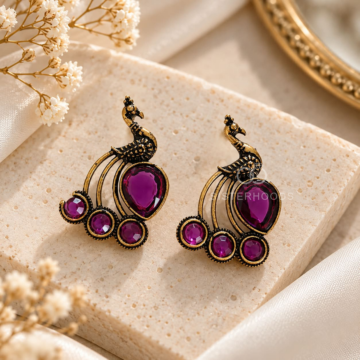 Peacock-inspired oxidized dangle earrings with purple accent stones | SISTERHOODS-SHA256:f79ae337e8d02f0adba5aeb128e677b5936bc985050e01462d8cb48cca54ee0c
