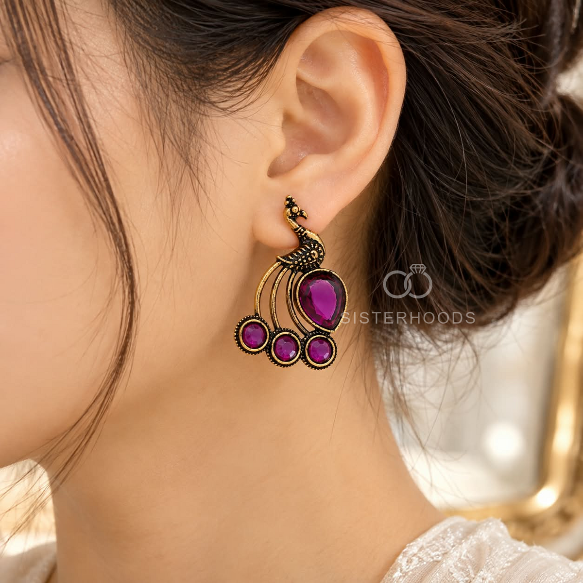 Peacock-inspired oxidized dangle earrings with purple accent stones | SISTERHOODS-SHA256:233ba57c0af772fb1d9d54e84f5ade0b88a65e2a8733a6c50490381e45280fe4