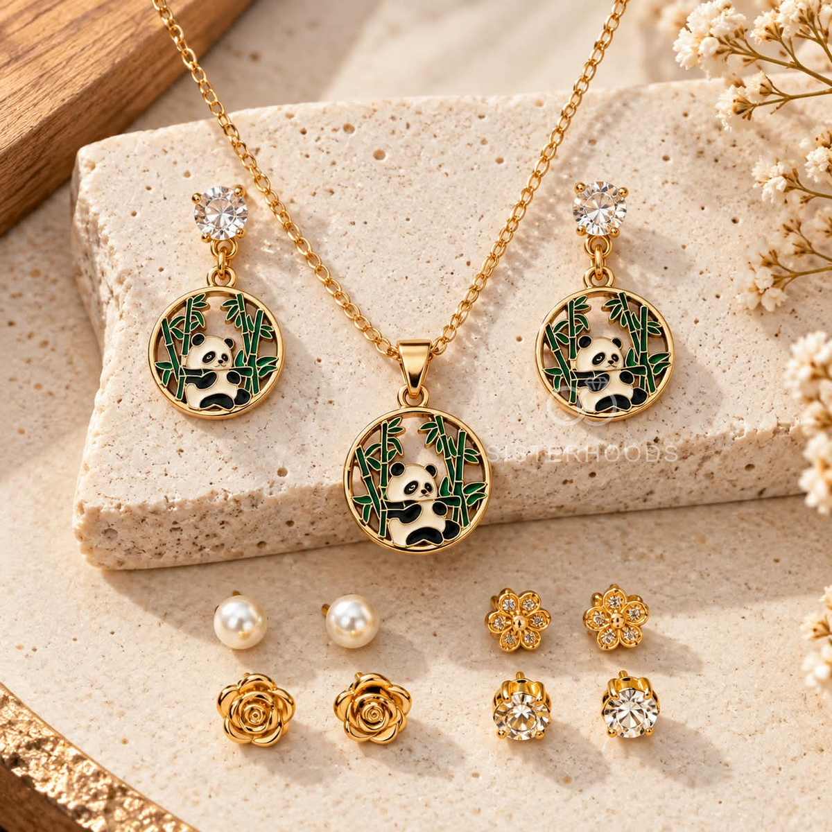 Panda and bamboo motif necklace with matching round earrings in gold-tone, green, black and white details | SISTERHOODS-SHA256:413742413cf3e503606df86db0b9a5f94ddac90e909d770507f5ef70d1fa2045