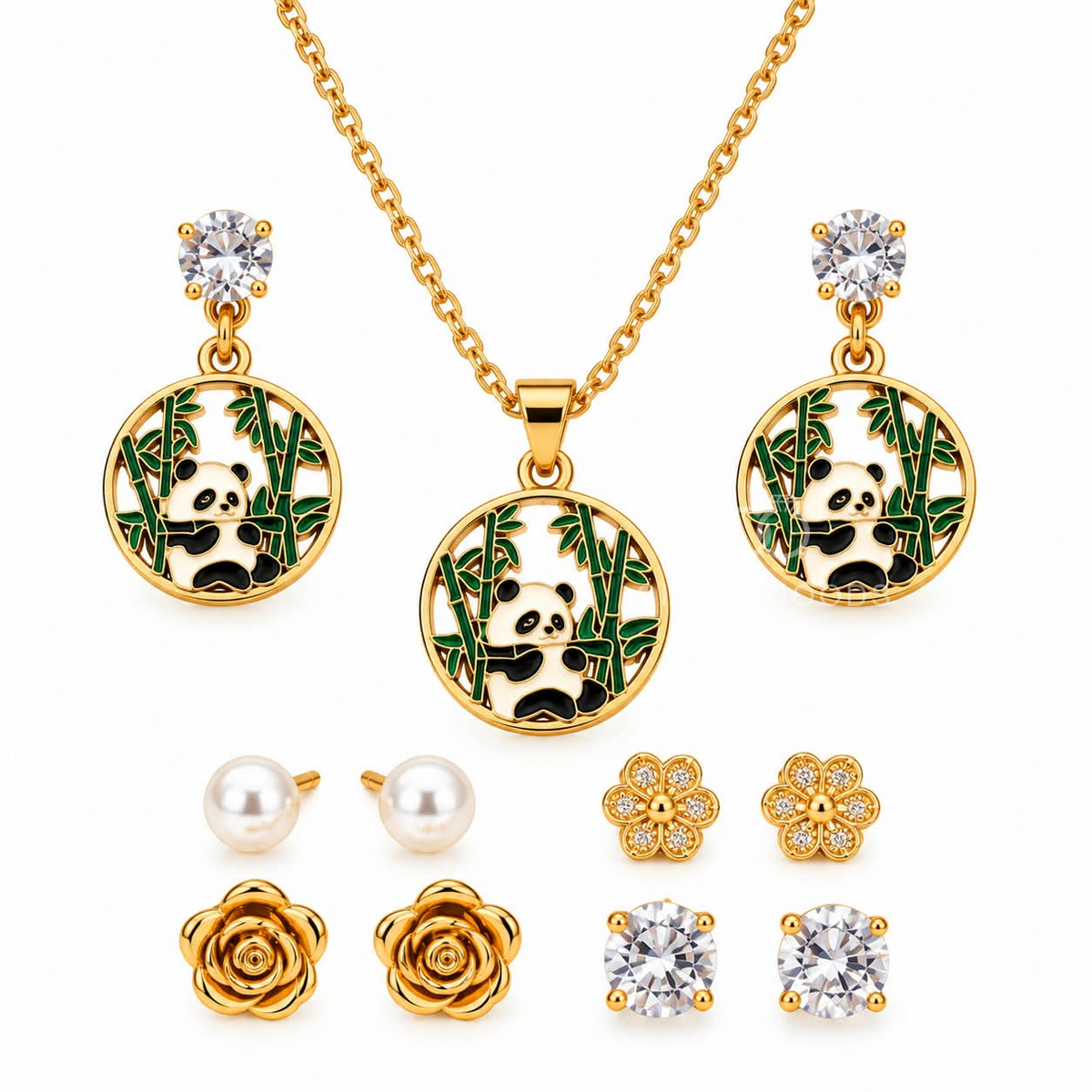 Panda and bamboo motif necklace with matching round earrings in gold-tone, green, black and white details | SISTERHOODS-SHA256:ddb2d1c146fe59ab67650d07a9e5a8bd11e136da70535386442336548ba75d0e